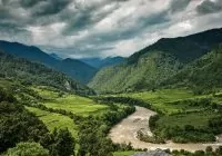 A paisagem verde de butão, com uma escrava curva entre montanhas e vegetação verde. País carbono negativo.