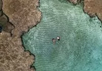 Foto da vista de cima de um casal boiando nas piscinas naturais da Península de Maraú.